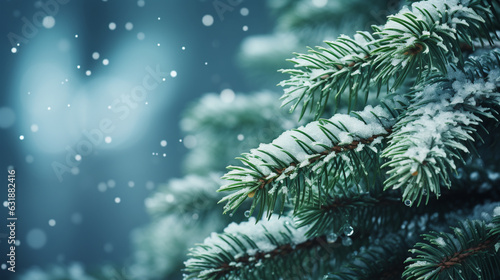 Close-up view of snow-covered fir tree branches during Christmas. A depiction of the winter holiday season with ample space for text. Generative AI