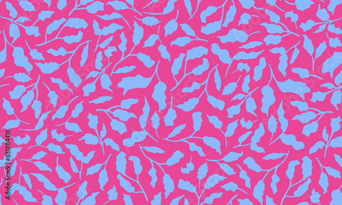 Blue botany seamless repeat pattern. Random placed, vector leaves all over surface print on pink background.