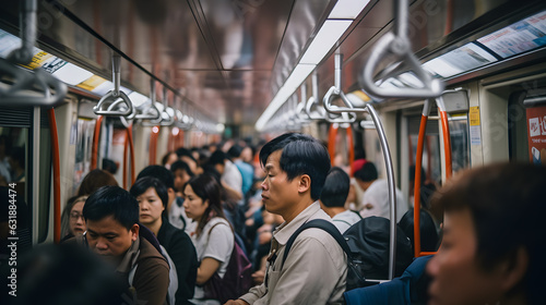 Capture the bustling scene during rush hour, with commuters tightly packed into a train or bus, absorbed in their own thoughts