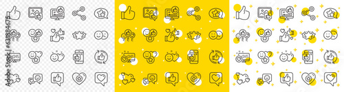 Set - Share network, Social links and Rating linear icons. Social media line icons. Heart, Feedback smile emotion and internet media. Share network, like icon, video content rating and dislike. Vector