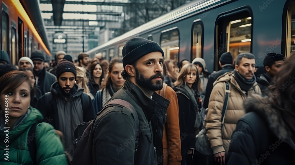 The dynamic movement of people entering or exiting a train, bus, or tram, navigating through the crowd The dynamic movement of people entering or exiting a train, bus, or tram, navigating through the crowd