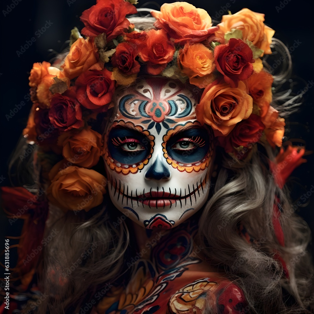 Portrait of a woman wearing beautiful Day of the Dead costumes and skull makeup. Generative AI