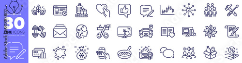 Write, Online payment and Mail line icons pack. Medical staff, Versatile, Education web icon. Loan percent, Messenger, Group people pictogram. Like, Organic tested, Insomnia. Card. Vector