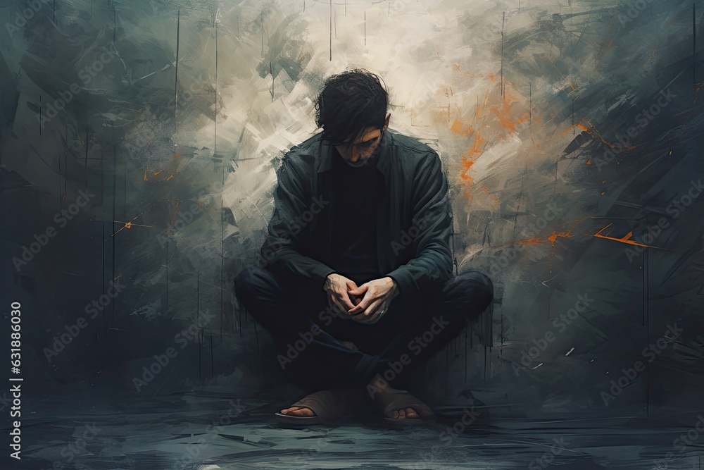 Depressed man sitting on the ground, mental health