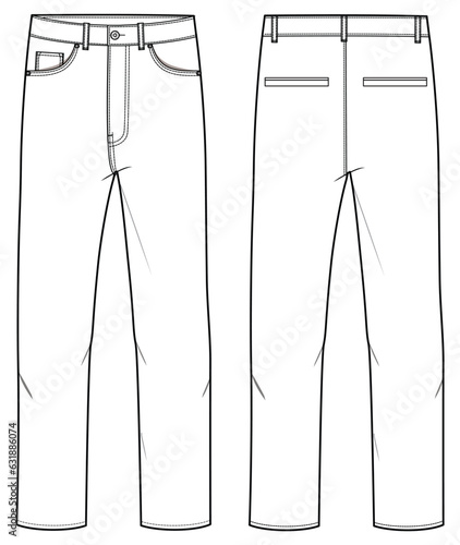 Men's Casual chino trouser pant front and back view flat sketch fashion illustration drawing, slim fit denim jeans pants vector template photo