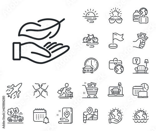 Feather quill sign. Plane jet, travel map and baggage claim outline icons. Lightweight line icon. Light nib symbol. Lightweight line sign. Car rental, taxi transport icon. Place location. Vector