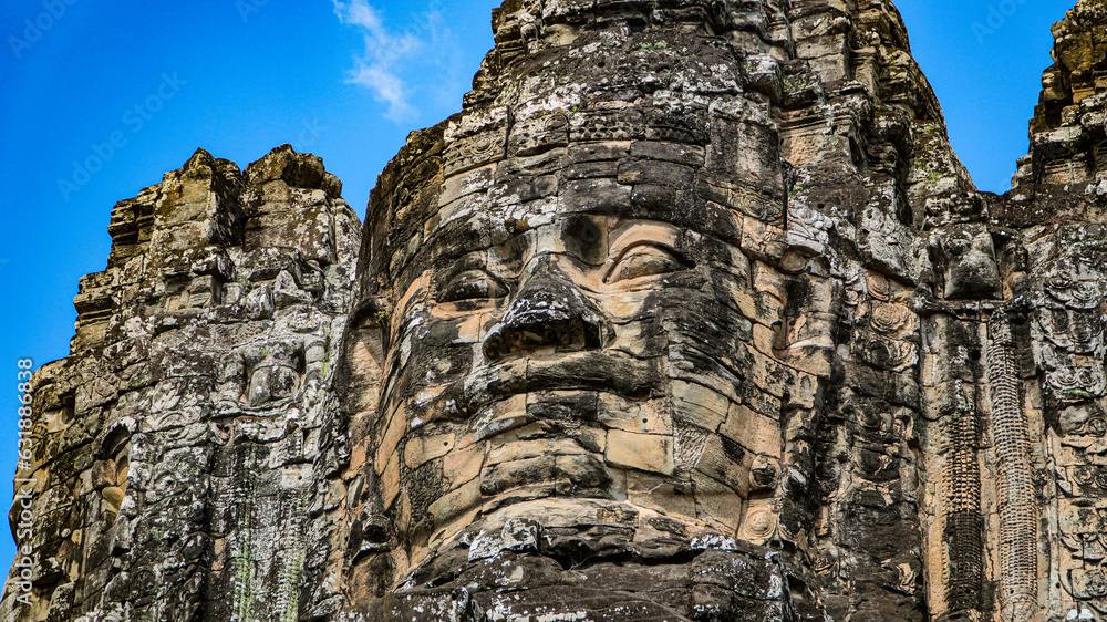 Ancient ruins Thom Bayon temple - famous Cambodian landmark, Angkor Wat complex of temples. Siem Reap, Cambodia.