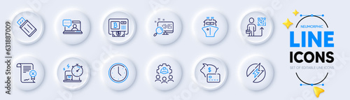Engineering team, Bitcoin atm and Search line icons for web app. Pack of Ship, Electric energy, Friends chat pictogram icons. Piggy bank, Leadership, Usb flash signs. Reject certificate. Vector