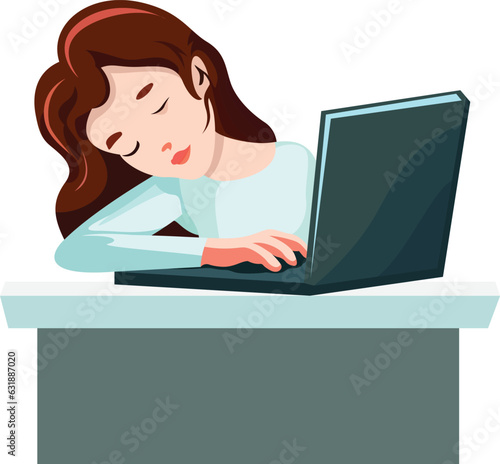 Sleepy female office worker or student sleeping on working on a task vector illustration , Sleeping Female worker working on laptop vector image