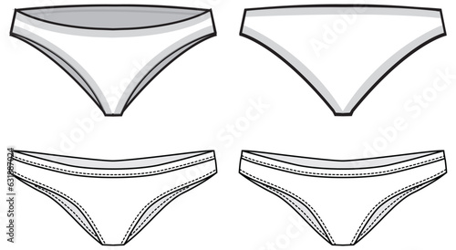 women's brief panty lingerie design flat sketch fashion illustration drawing vector template with front and back view