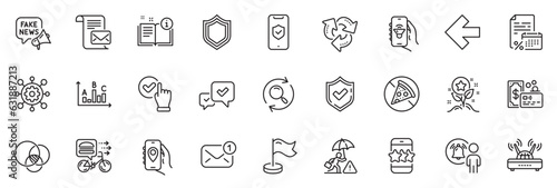 Icons pack as Music app, Milestone and Location app line icons for app include Checkbox, Euler diagram, Approve outline thin icon web set. Recycle, User notification, Left arrow pictogram. Vector