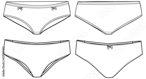 women's Hipster brief panty lingerie design flat sketch fashion illustration drawing vector template with front and back view