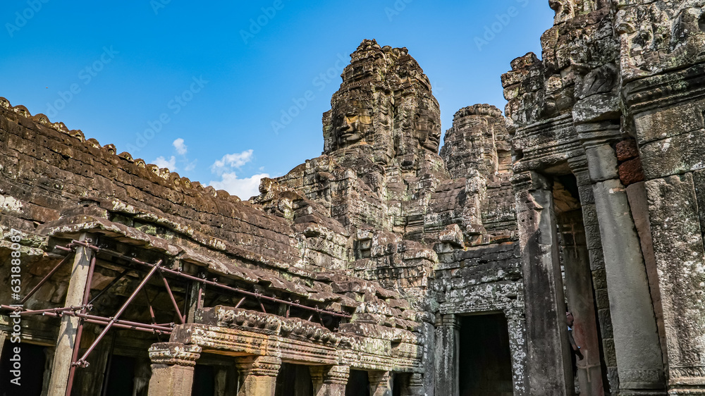 Ancient ruins Thom Bayon temple - famous Cambodian landmark, Angkor Wat complex of temples. Siem Reap, Cambodia.