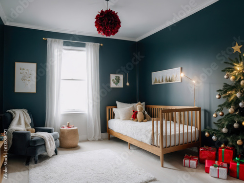 Wide-shot photo of a cozy children s room with a lot of Christmas decoration. Interior design.