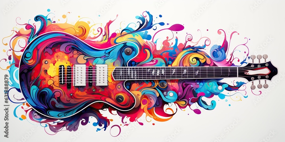 AI Generated. AI Generative. Draw paint sketch watercolor muisc guitar with color splash. Song audio band poster.  - obrazy, fototapety, plakaty 