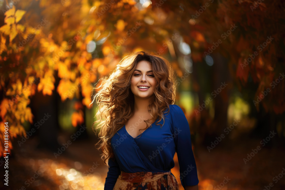 Happy plus size model in blue dress outdoors, fat woman in autumn park among yellow leaves, beauty in nature Happy plus size model in blue dress outdoors, fat woman in autumn park among yellow leaves, beauty in nature