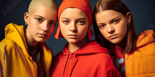 Inspiring trio of teenage girls with vibrantly colored, shaved heads against a color-blasted background, symbolizing bold defiance of beauty norms.