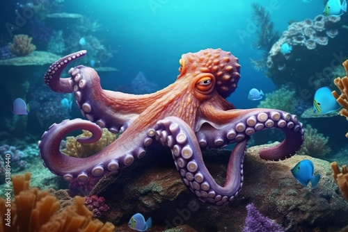 Octopus in the ocean. Underwater world. Generative AI. © YULIIA