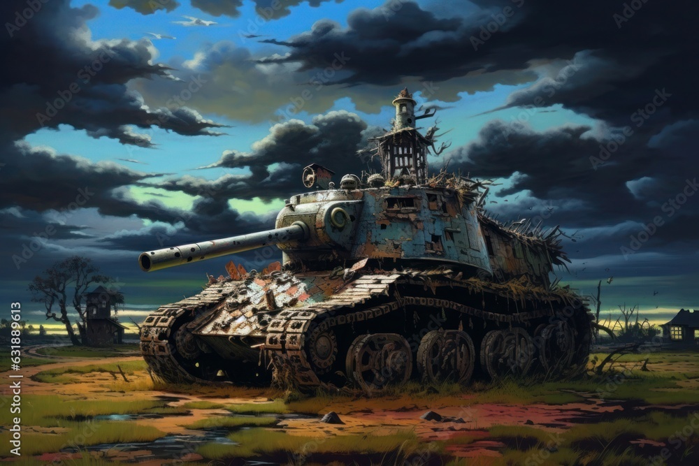 Fantasy illustration of a battle tank in the middle of the field. Generative AI.