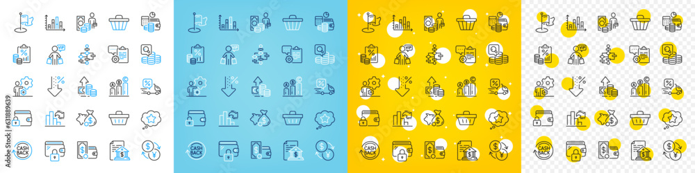 Vector icons set of Tax document, Job and Delivery discount line icons pack for web with Block diagram, Wallet money, Shopping basket outline icon. Inspect, Decreasing graph. Vector