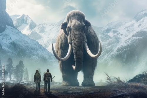 3d rendering of a two man and a big mammoth in the mountains. Generative AI.