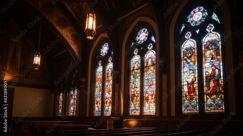 The Warm Glow of a Stained Glass Window Illuminates the Sanctuary Church, generative AI