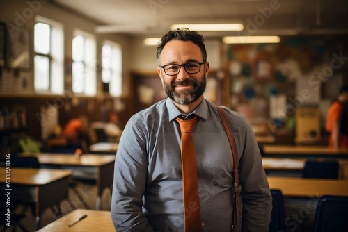Portrait of Male Elementary School Teacher in Classroom.