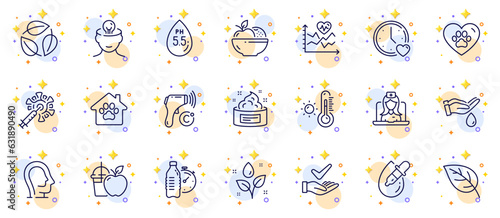 Outline set of Electronic thermometer, Leaf and Telemedicine line icons for web app. Include Cardio training, Dating, Pets care pictogram icons. Leaves, Psychology. Circles with 3d stars. Vector