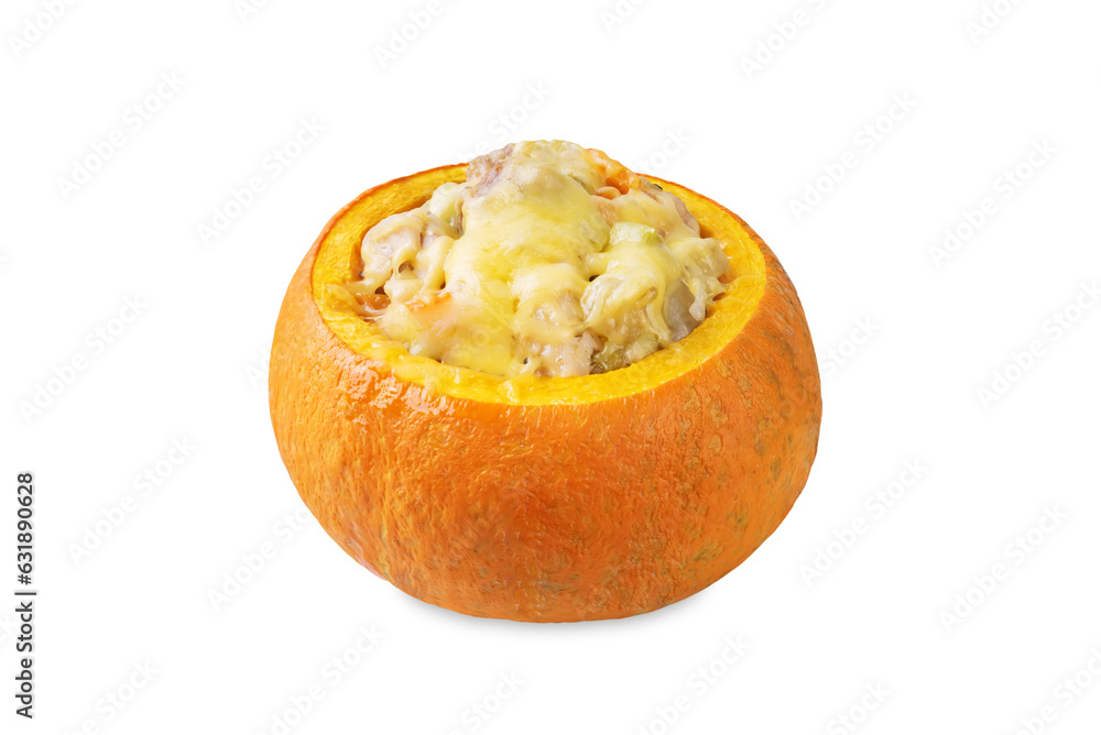 Pumpkin stuffed with chicken and vegetables on a white isolated background Pumpkin stuffed with chicken and vegetables on a white isolated background