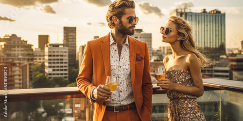 Breathtaking city view from a rooftop bar with a trendy couple sipping cocktails, embodying luxury, romance and chic lifestyle under starlit sky. Generative AI photo