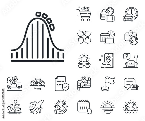 Amusement park sign. Plane jet, travel map and baggage claim outline icons. Roller coaster line icon. Carousels symbol. Roller coaster line sign. Car rental, taxi transport icon. Vector