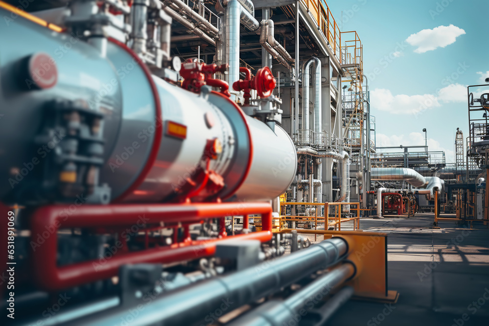 Pipeline and pipe rack of petroleum, chemical, hydrogen or ammonia industrial plant. Industrial zone Close up. Pipeline and pipe rack of petroleum, chemical, hydrogen or ammonia industrial plant. Industrial zone Close up.