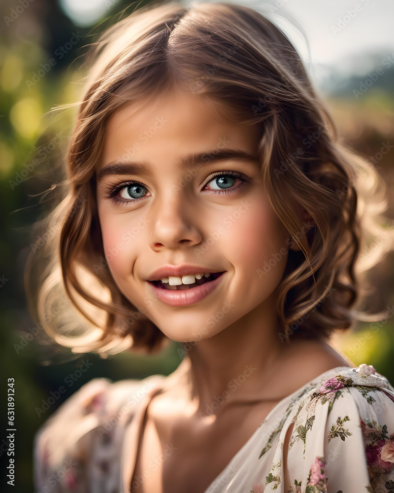 portrait of a smiling nine year old fashion model in a summer dress - generative ai portrait of a smiling nine year old fashion model in a summer dress - generative ai