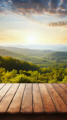 Empty wooden table with vineyard background. Selective focus on tabletop. 