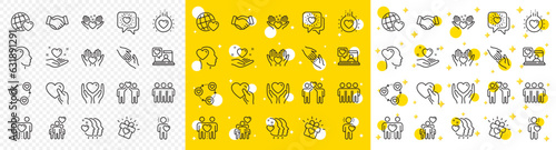 Interaction, Mutual understanding and assistance business. Friendship and love line icons. Trust handshake, social responsibility, mutual love icons. Trust friends, partnership. Vector