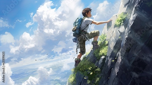 Side view of a young climber making a difficult move against a scenic landscape. The concept of motivation for an active summer holiday. Digital art for cover, card, postcard, interior design or print