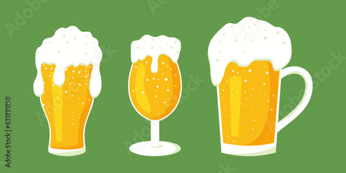 Set of Glass Lager beer icon. Vector beer. Glass of foaming beer isolated on background