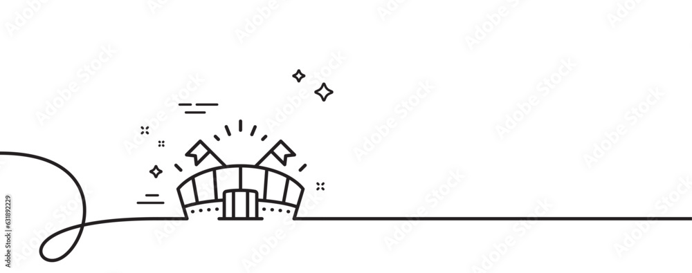 Sports arena line icon. Continuous one line with curl. Stadium with flags sign. Sport complex symbol. Sports arena single outline ribbon. Loop curve pattern. Vector