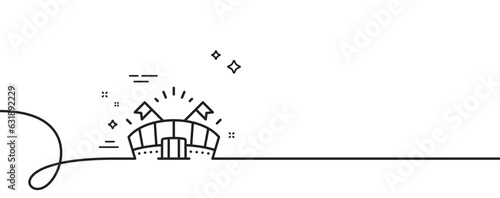 Sports arena line icon. Continuous one line with curl. Stadium with flags sign. Sport complex symbol. Sports arena single outline ribbon. Loop curve pattern. Vector