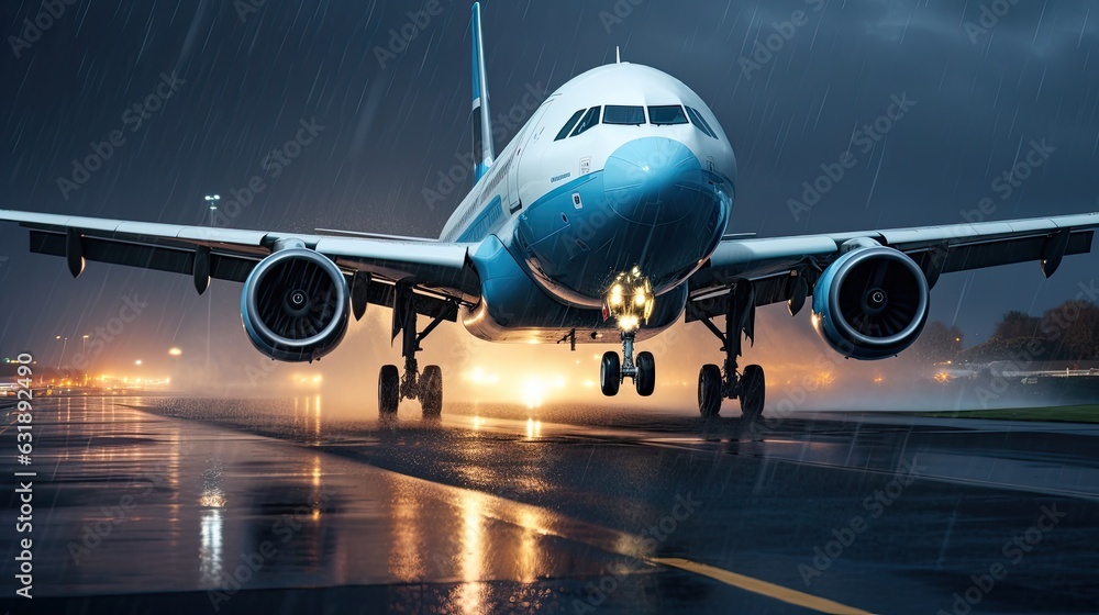 Night view of airplane on airport runway. Aviation technology and world travel concept. Illustration for banner, poster, cover, brochure or presentation. Night view of airplane on airport runway. Aviation technology and world travel concept. Illustration for banner, poster, cover, brochure or presentation.