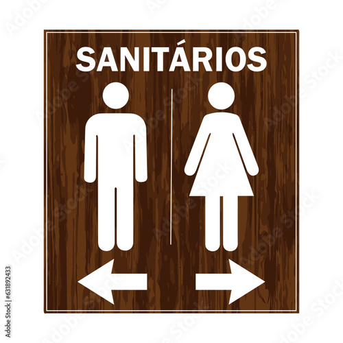 Sinalização para Sanitários Masculino e Feminino. Arte decorativa com textura de madeira e ícones informativos nas cores branca.