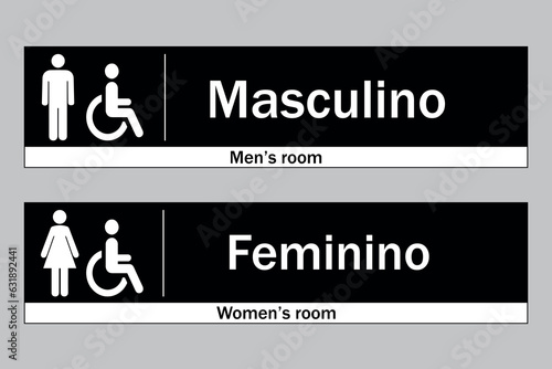 Placa de Sinalização para Banheiros Bilíngue Masculino, Feminino e Deficientes. Arte na cor preta com ícones e textos informativos brancos. 