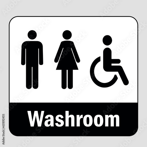 Men's, Women's and Disabled Restroom Signs. Black and white artwork with informational icons and text.