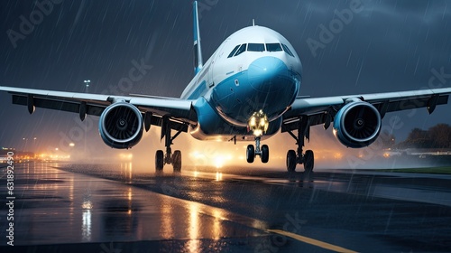 Night view of airplane on airport runway. Aviation technology and world travel concept. Illustration for banner, poster, cover, brochure or presentation.