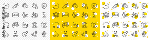 Outline Chemistry lab, Cogwheel and Attention line icons pack for web with Analytical chat, No hearing, Omega line icon. Vaccine attention, Power certificate, Cut pictogram icon. Vector
