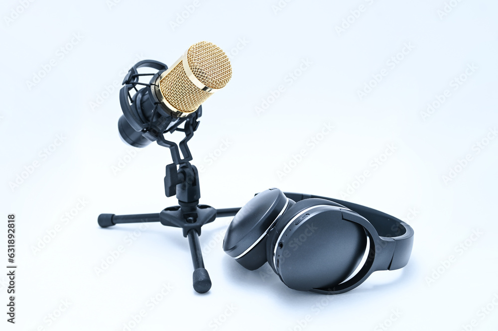 Microphone and headphones, home studio