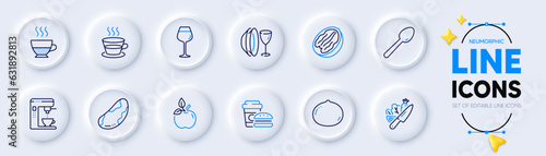 Fast food, Spoon and Eco food line icons for web app. Pack of Dish plate, Brazil nut, Macadamia nut pictogram icons. Bordeaux glass, Vegetable, Doppio signs. Coffee maker, Coffee cup. Vector