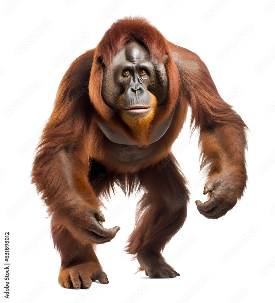 orangutan on walking pose looks intimidating on isolated background orangutan on walking pose looks intimidating on isolated background