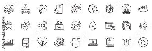 Icons pack as Chromium mineral, Recovered person and Cogwheel line icons for app include Chemical formula, Social responsibility, Swipe up outline thin icon web set. Puzzle, Oil serum. Vector