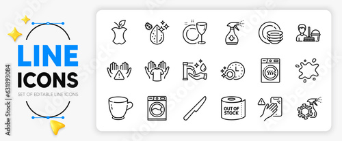 Dishwasher timer, Washing hands and Hold t-shirt line icons set for app include Dont touch, Clean hands, Dishes outline thin icon. Toilet paper, Dirty spot, Cleaning service pictogram icon. Vector